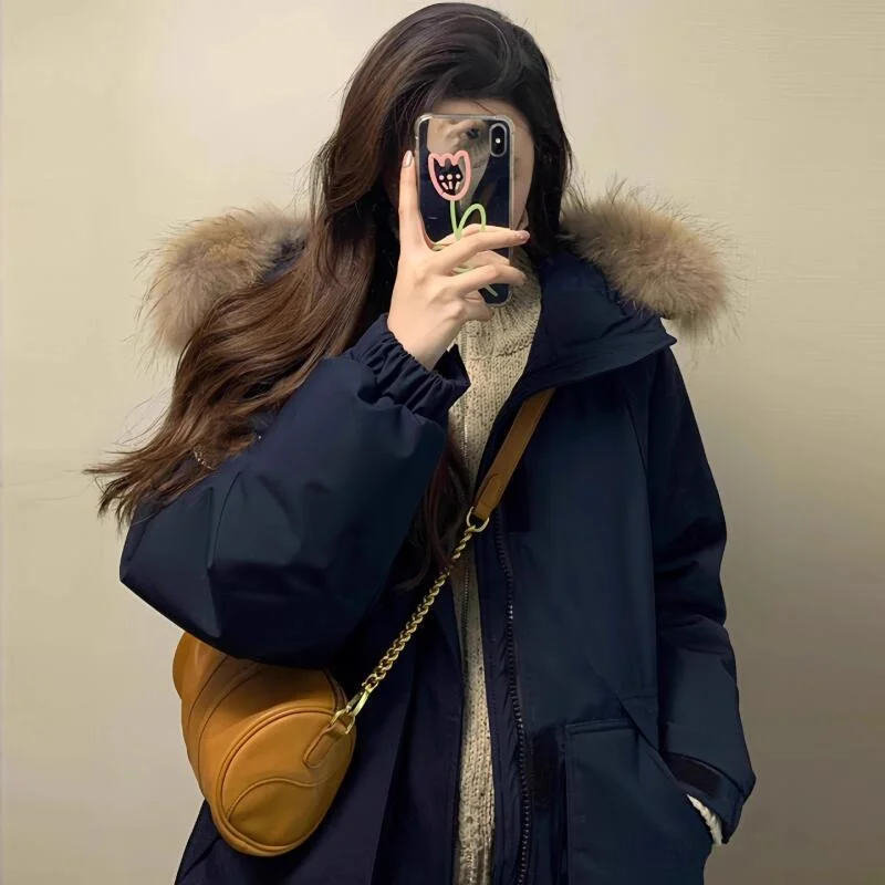 여성 겨울 후드 파카 솜 패딩 재킷 두꺼운 한국 스타일 레트로 스탠드 칼라 미니멀리스트 푸퍼 재킷 코트