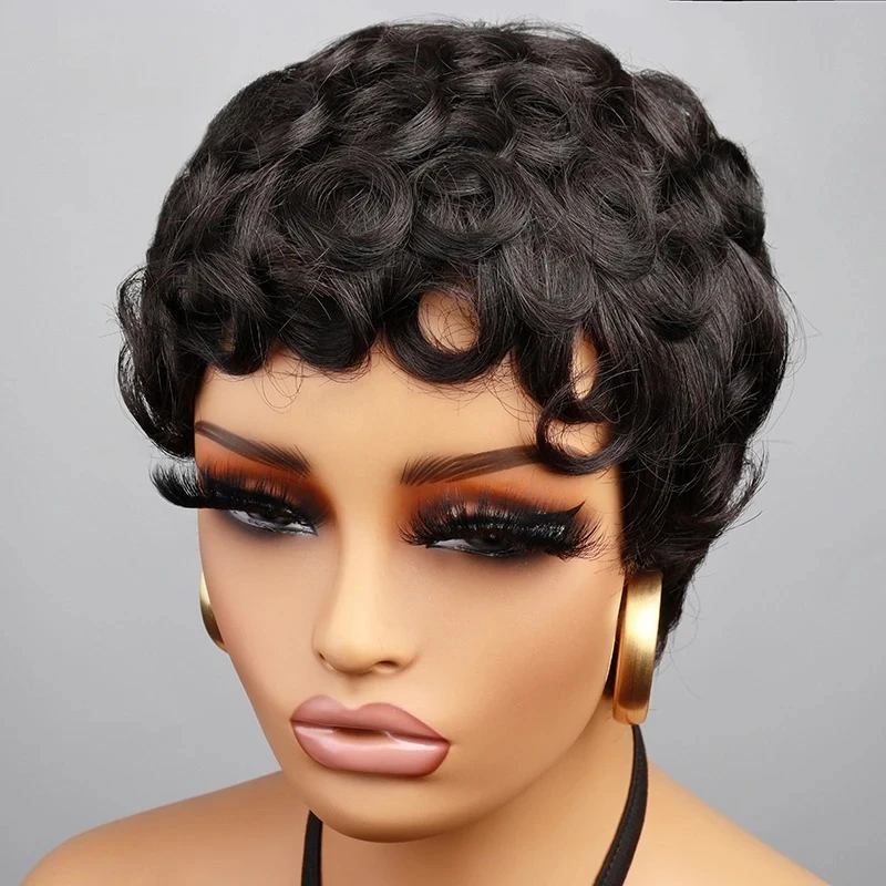 #1B Black Short Curly Pixie Cut Wigs For Women Curly Wig Brazilian Remy Human Hair Short Bob Full Machine Made Wig 150% Density