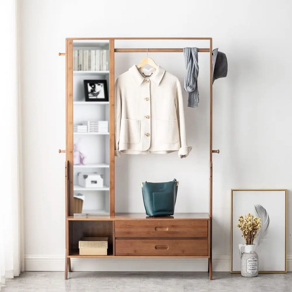 

Bamboo Entryway Bench Coat Rack with Full Mirror, Seat, Drawers and Hooks, Hall Tree with Bench and Shoe Storage, Brown 40.6L x