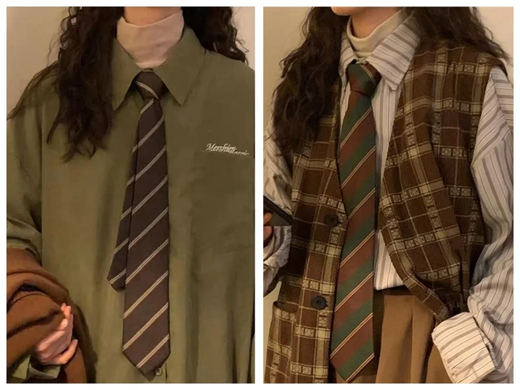 

Coffee Striped Tie, Retro Style, Contrasting Green, Handmade Vintage, Casual Versatile, Brown Shirt, Trendy