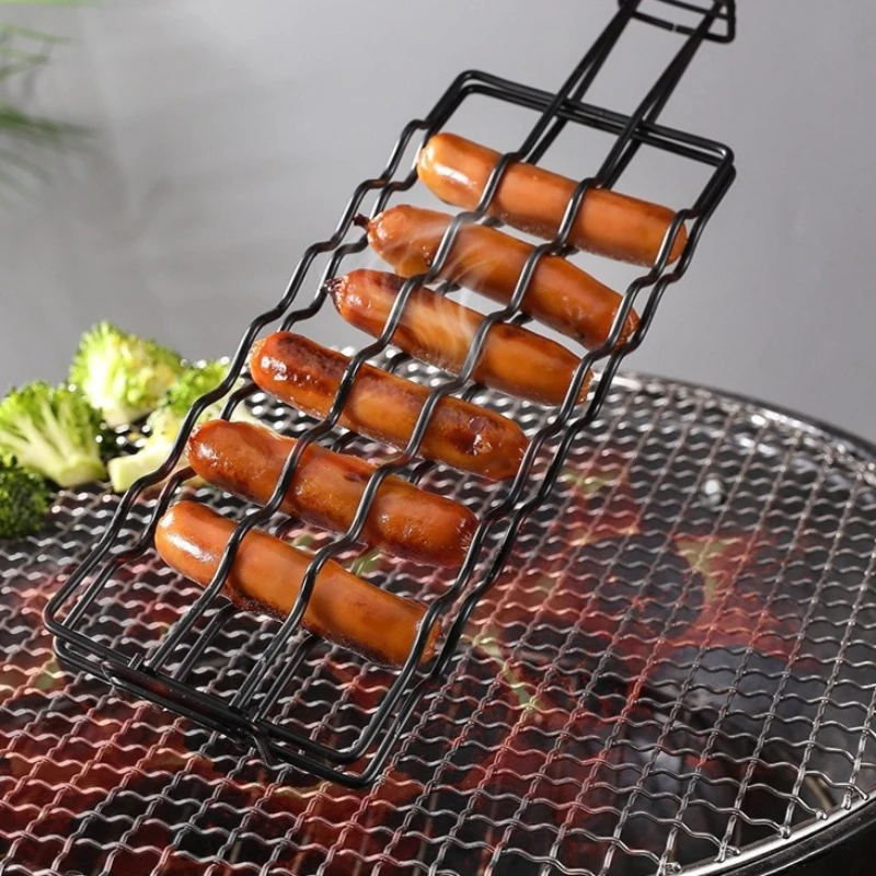Wood Handle Non-Stick BBQ Hot Dog Grill Tongs Multi-Functional Camping Barbecue Clamp for Sausage Ham Sausage Rack Grill Mesh