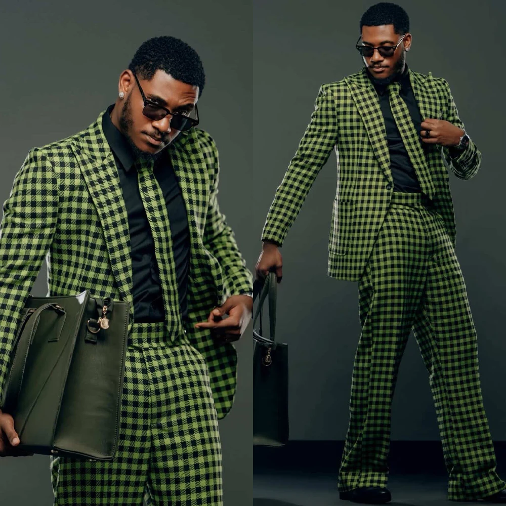Traje de Hombre a Cuadros Verde y Negro de 3 Piezas, Blazer, Pantalones y Corbata para Fiesta, Talla Grande Personalizada 0609