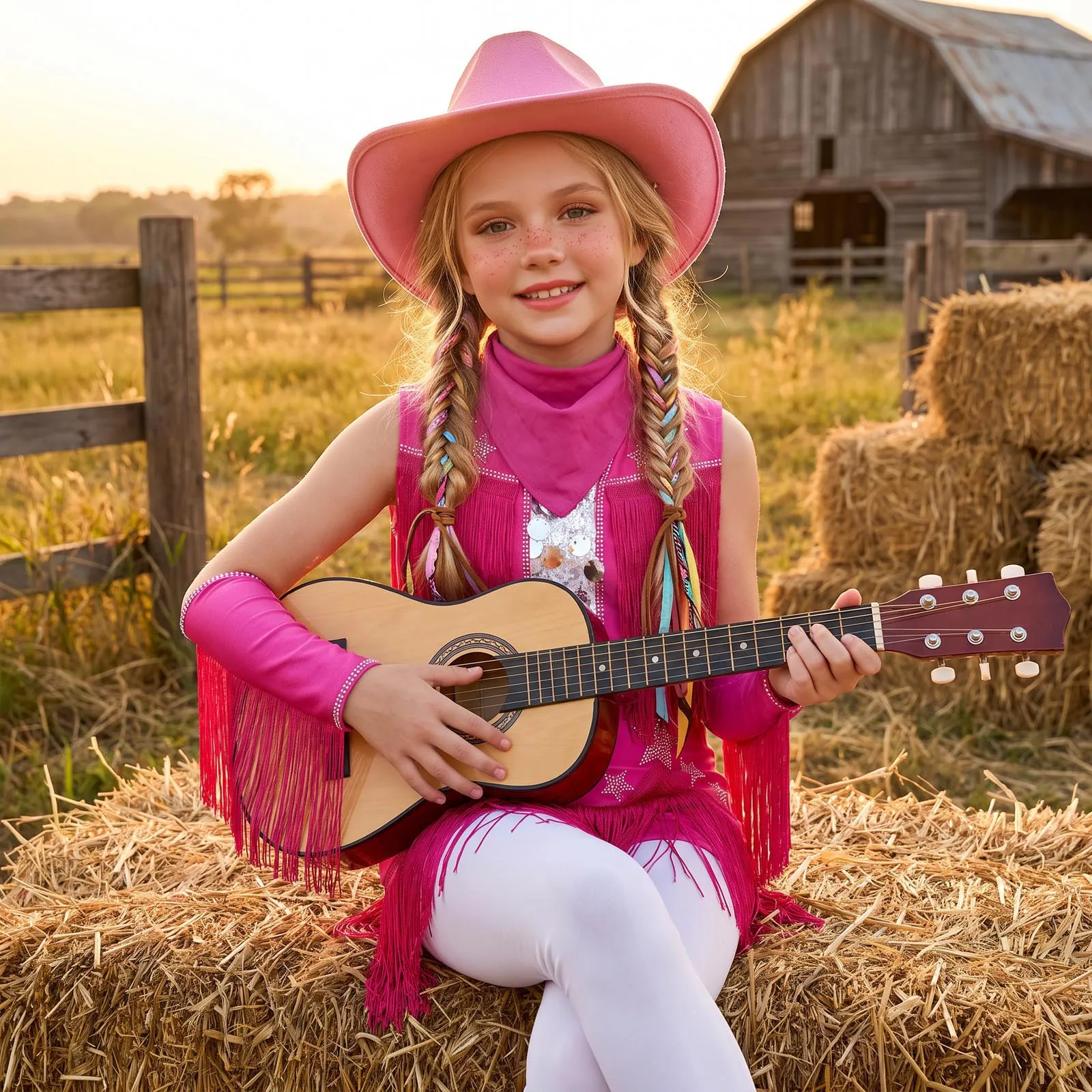 Teen Girls Halloween Western Cowgirl Costume Tassel Crop Vest Tops with Skirt Gloves Hat Kerchief Jazz Dance Performance Outfit