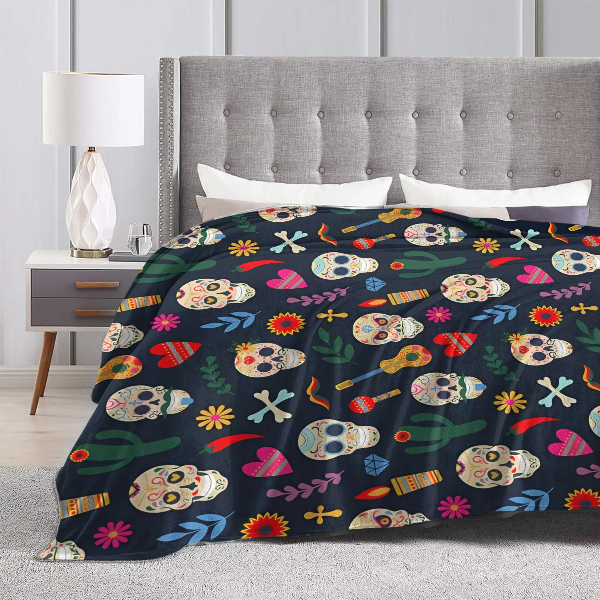 Bright Sugar Skull Cactus Art Flannel Blanket Winter  Warm Soft Throw Blanket for Boy Girl Bedroom Bedspread Sofa Bed Cover