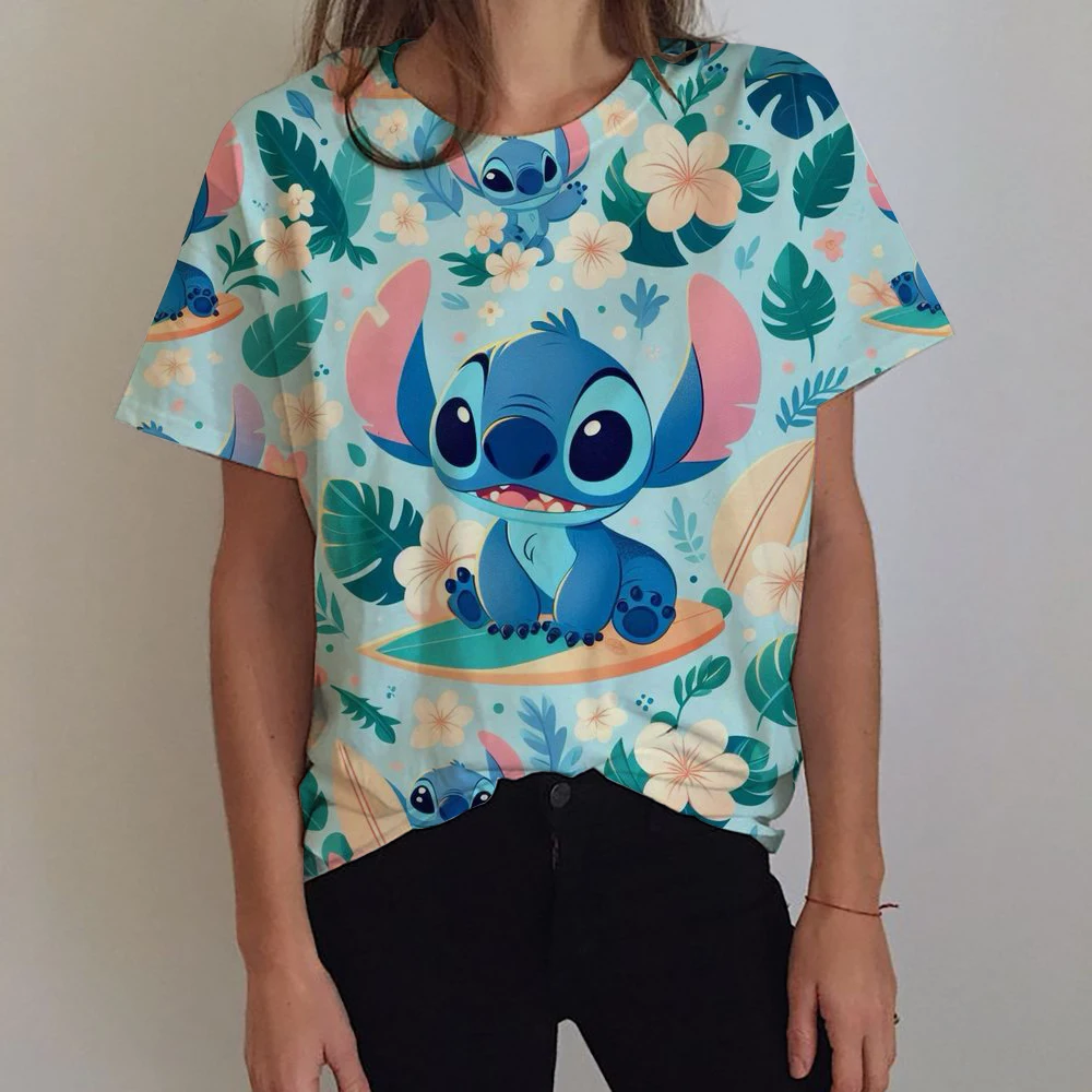 2025 Women's T-shirt Disney Lilo&Stitch Short Sleeve Cartoon Women's Clothing Basic Top Summer Girls Home Clothing Sports T-shir