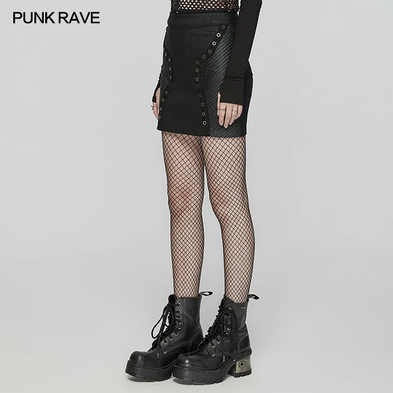 PUNK RAVE Women's Punk 3D Pleated Irregular Webbings Skirt Specially Processd Cutting Panels Splicing Design Sexy Mini Skirts