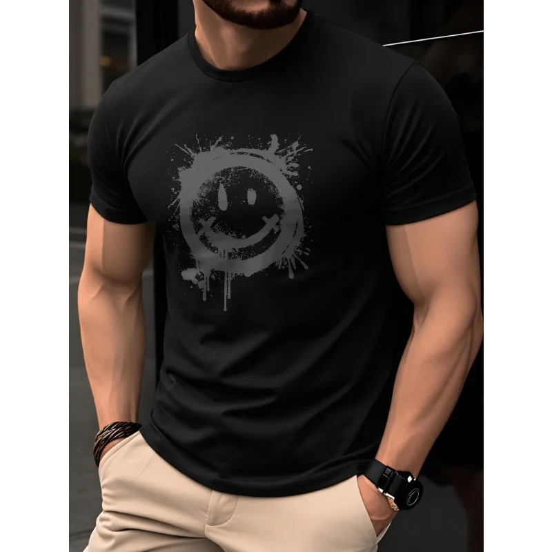 2026 Summer Men's New Casual T-shirt with Smiling Face Pattern Fashion Printing Comfortable Loose T-shirt for Daily Wearing