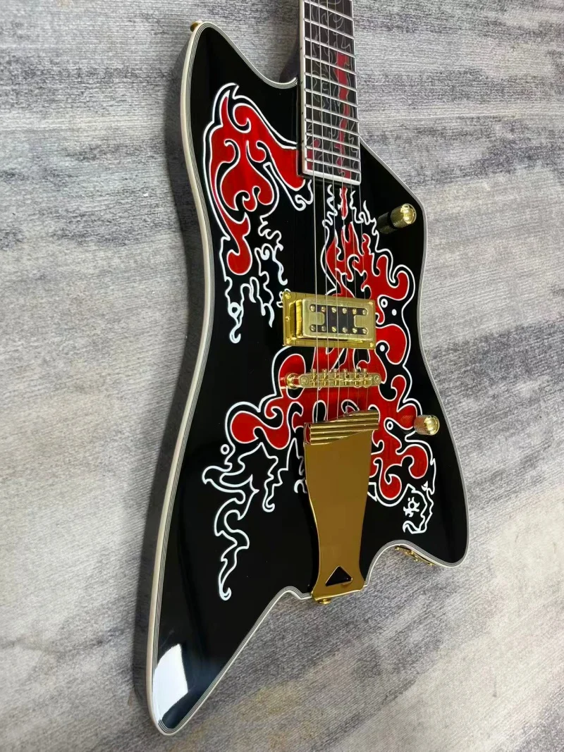 Billy-Bo-Jupiter Thunderbird electric guitar 6 string solid body black body and red flame inlay art gold hardware