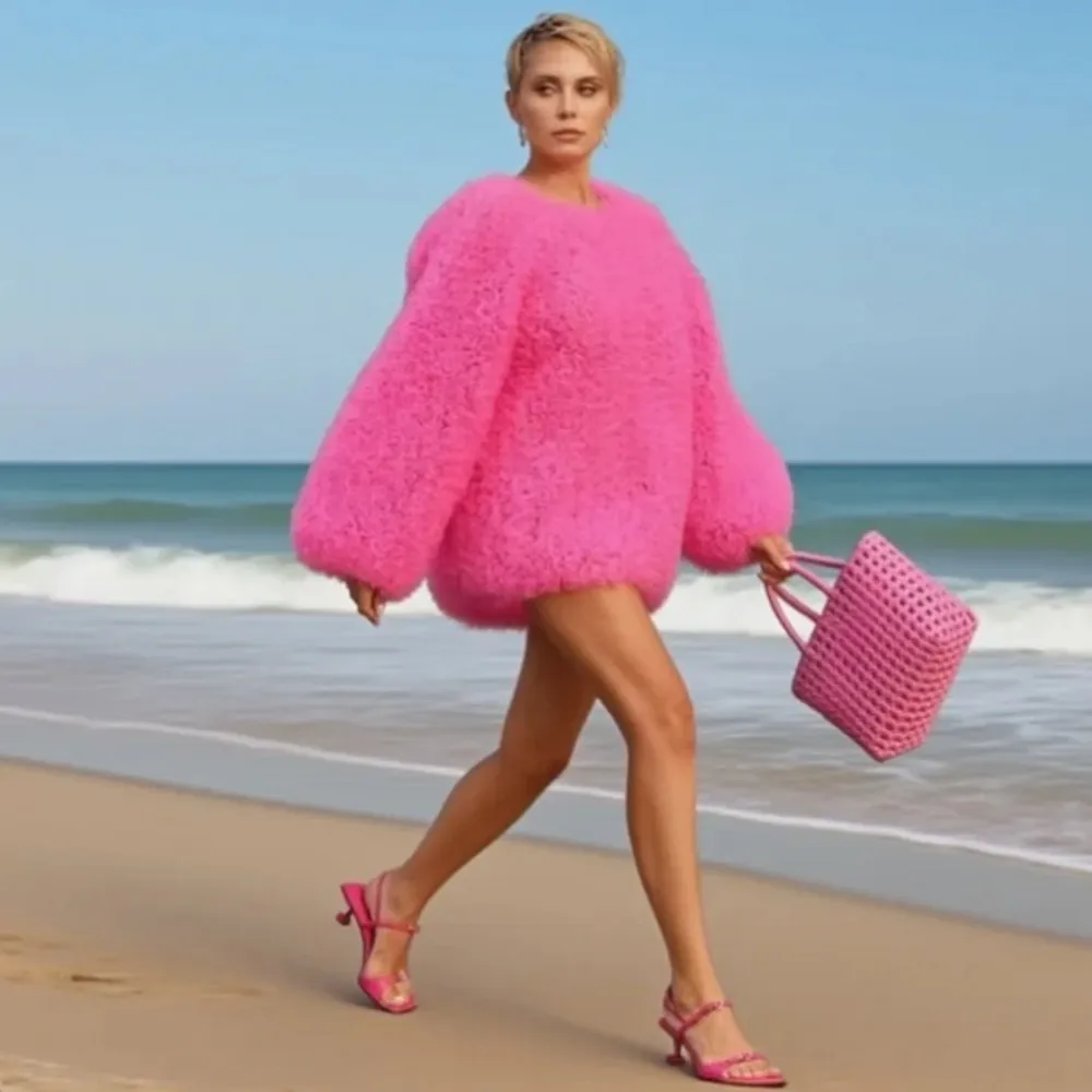 

Hot Pink Puffy Evening Party Top Long Sleeves O Neck Chic Tutu Tulle Slim Blouse High Street Women Modest Birthday Coat