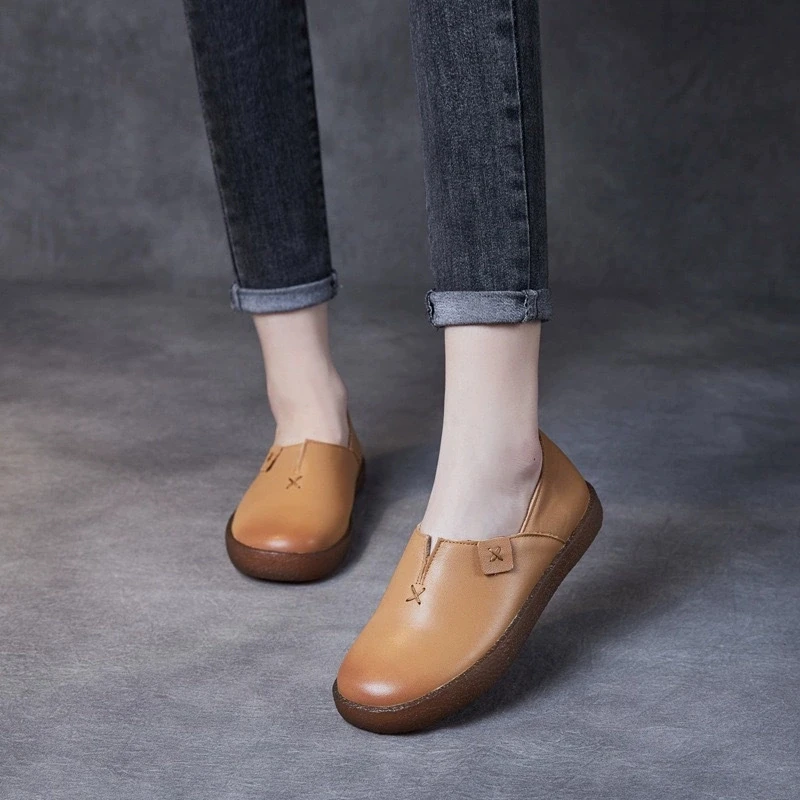 WOIZGIC Women Mother Female Ladies Shoes Flats Loafers Cow Genuine Slip On Leather Pigskin Retro Superstar 34-41 ZDA-1021
