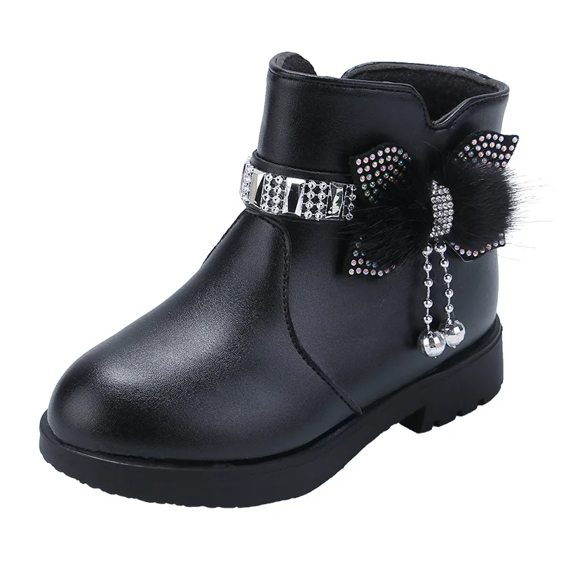 Girls Children Princess Shoes with Butterfly Knot Soft Sole High Top Studded Boots Kids Casual PU Leather Boots Pure Color Shoes