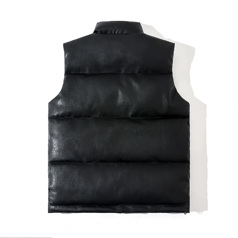 Men's Black Solid Color Casual Trendy Simple Basic Stand Collar Sleeveless PU Quilted Vests Male Winter Autumn New Fashion Coats