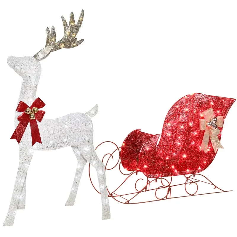 Lighted Christmas Decorations Reindeer & Sleigh 2 Pcs, HOYECHI Light up Christmas Decor Deer Set for Indoor Home Outdoor