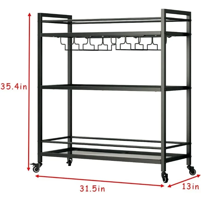 Glass Black Bar Carts for Home with Hanging Wine Rack - Home Bar Serving Cart with 3 Mirrored Shelves, Kitchen Bar Carts image 3