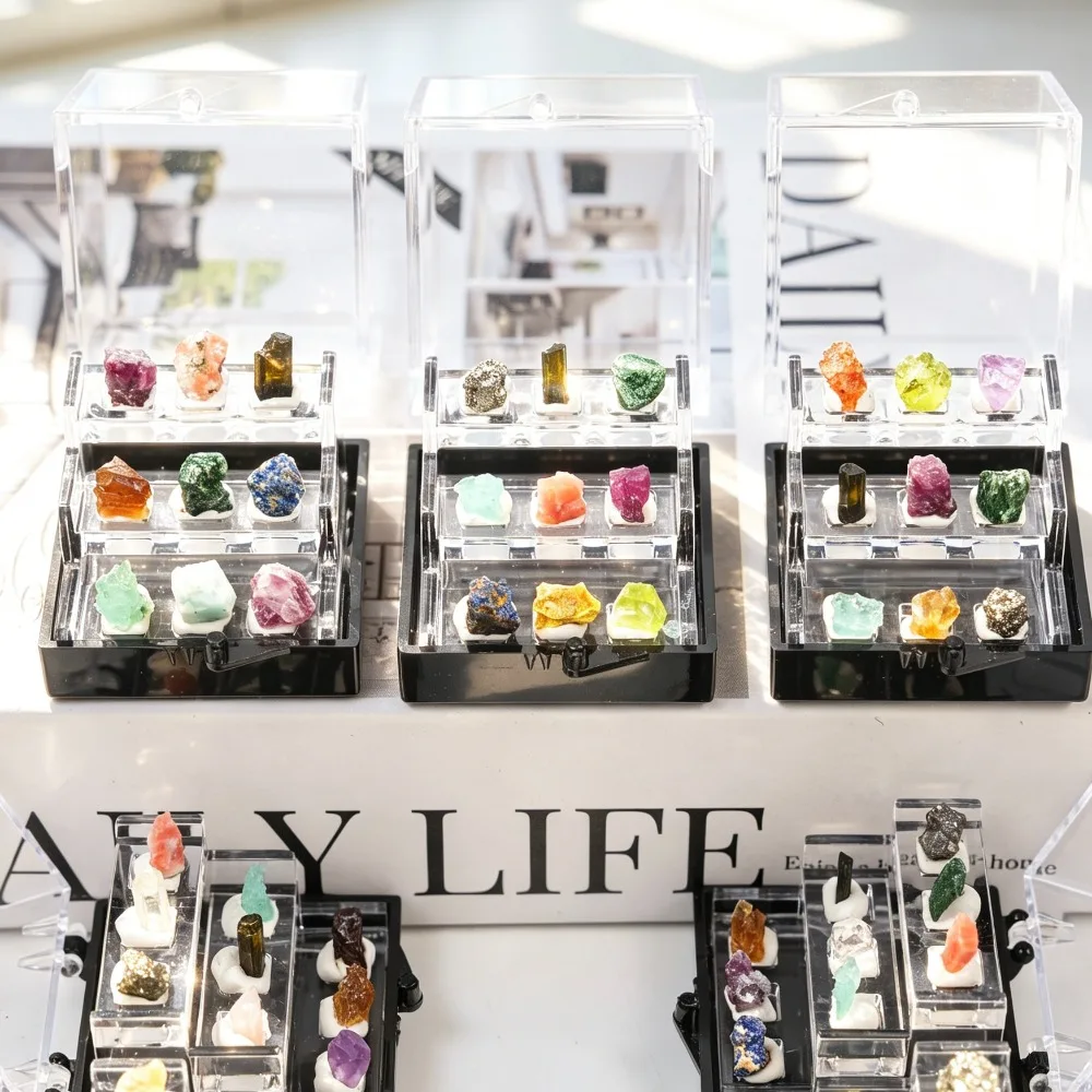 Small 9 Kinds Natural Crystal Raw Mineral Specimen Box Random Healing Stones Collection Display Box Home Decor Collector Gift