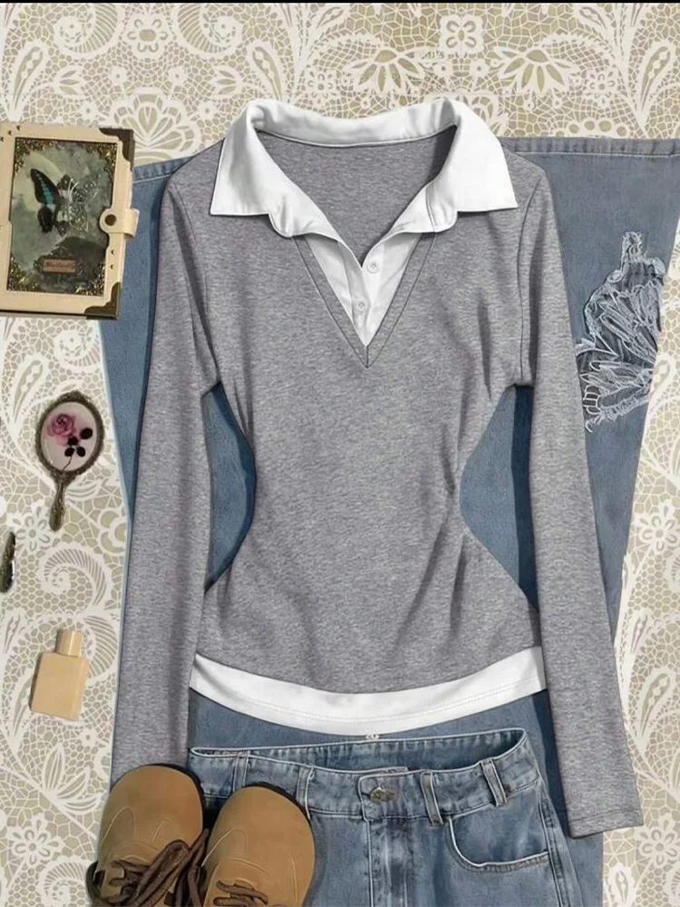 Summer Women Y2K Preppy Daily Outfit Fake Two‑Piece Polo Collar V‑Neck Slim Fit Long Sleeve T‑Shirts