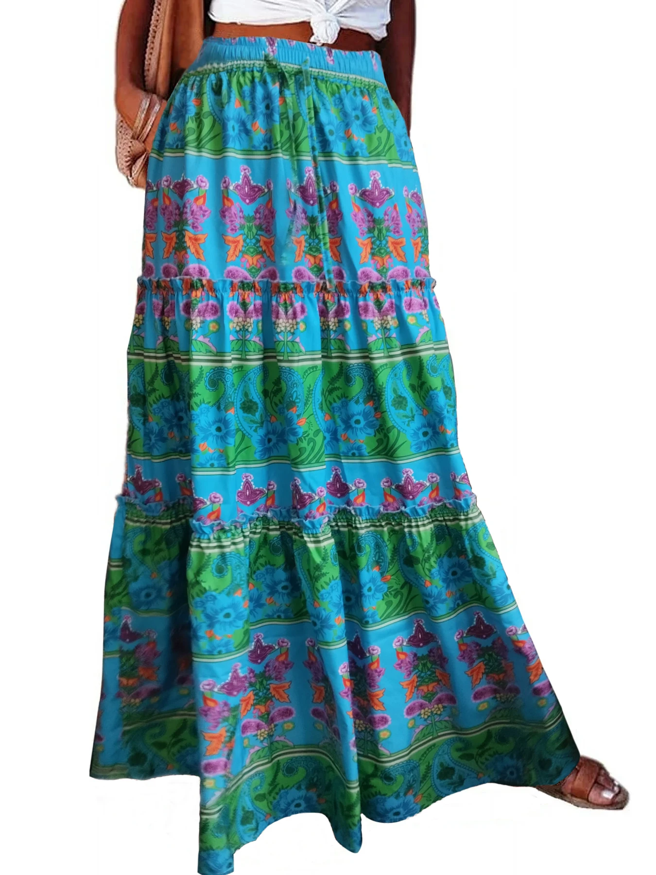 

Женская юбка-миди в стиле бохо с цветочным принтом и высокой талией, плиссированное длинное платье трапециевидной формы, повседневная курортная пляжная юбка