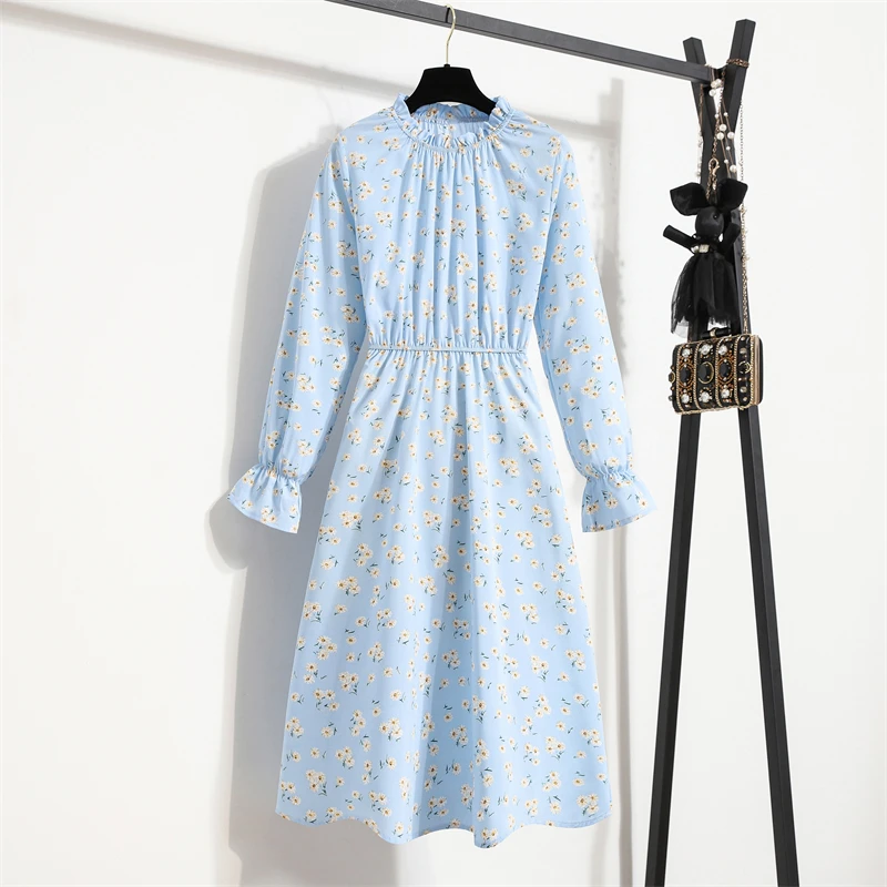 

French Chiffon Floral Stand Collar Dress Women's Vintage Floral Print Long Sleeve Half Turtleneck Mid Length Bell Sleeve Dress