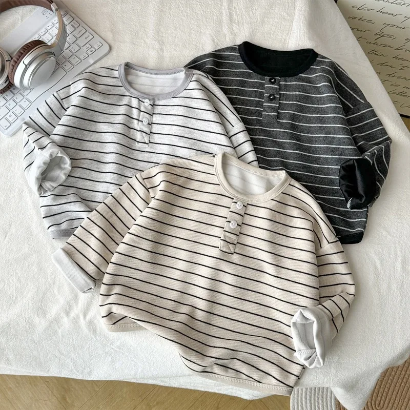 Children T-shirts 2025 Autumn Long-sleeved Tops for Kids Stripe Boys Girls Bottoms Toddler Undershirts Baby Blouse Clothing