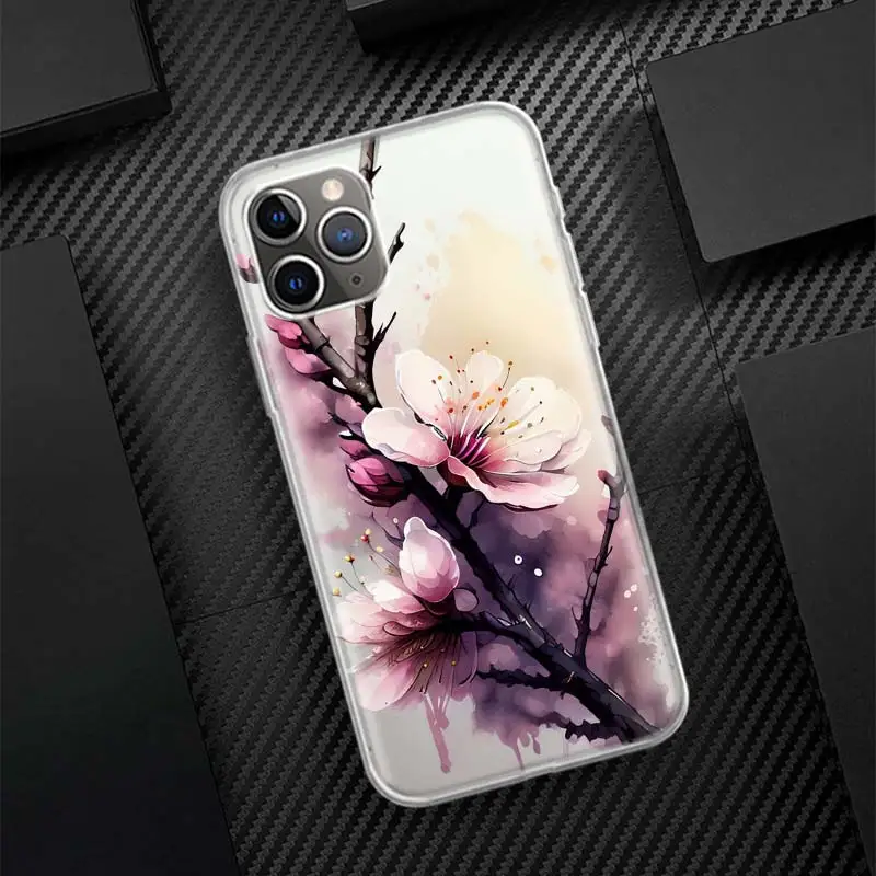 Cherry Blossom Tree Silicon Call Phone Case for iPhone 17 16 16E 15 Pro Max 14 Plus 11 13 Mini 12 7 8 SE Air 17Pro Cover Shell F
