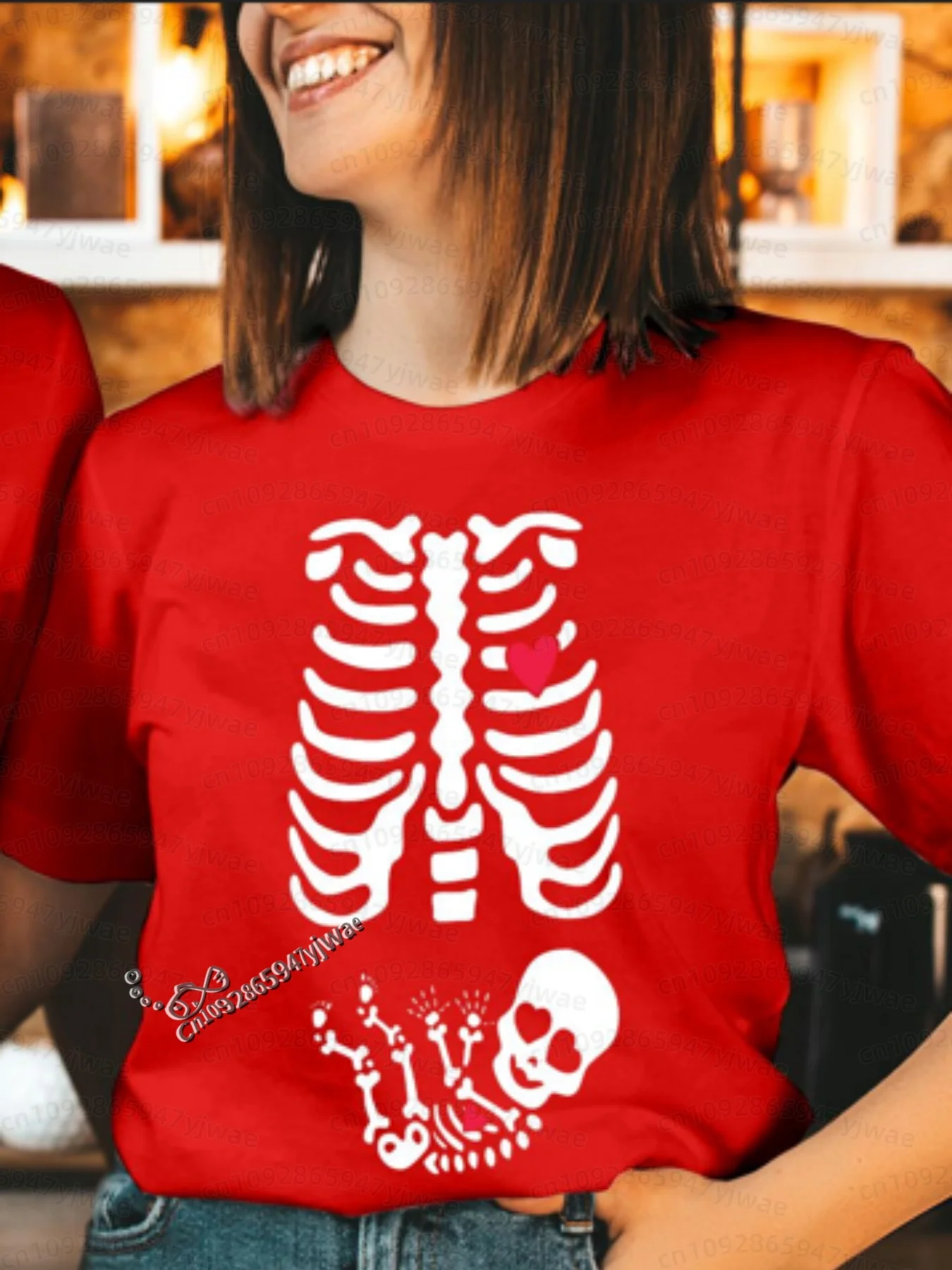 2026 Herren Halloween Skelett Schwangerschafts-Baby Halloween T-Shirt Totenkopf-Knochen-Druck Kurzarm Damen Herren Halloween Paar T-Shirt – Detail 21