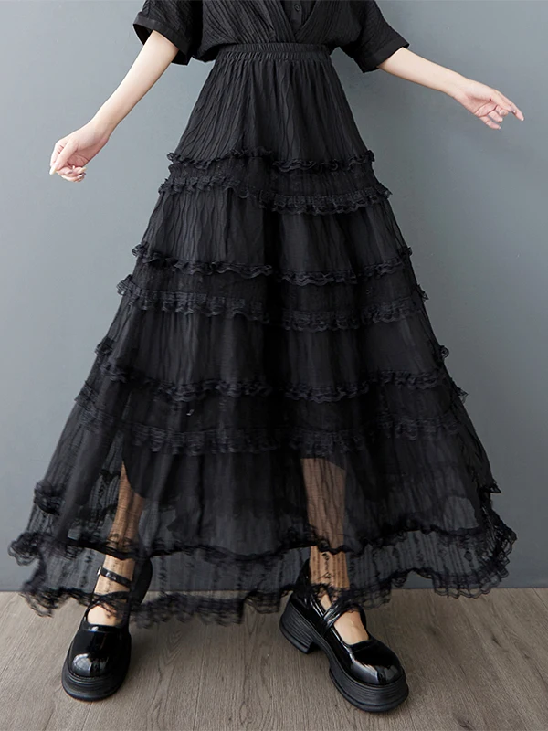 Letnia spódnica damska plus size na lato 2025, luźna, z bogatym haftem, koronką, plisowana, typu tort, do ziemi, z włókna poliestrowego, o kroju litery A...