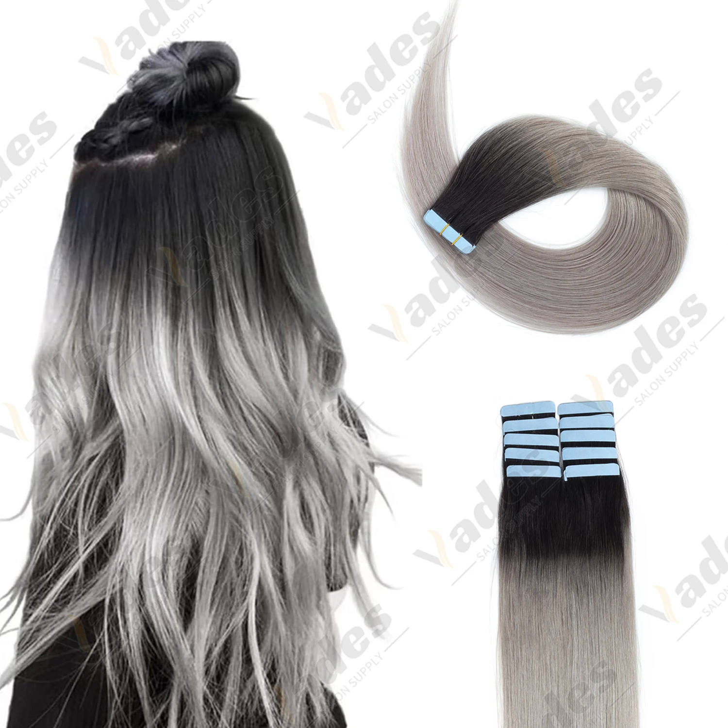 

20-дюймовые бесшовные ленточные накладные пряди из натуральных волос, мягкие, невидимые, от черного до светло-серого цвета, 30 г/20 шт.