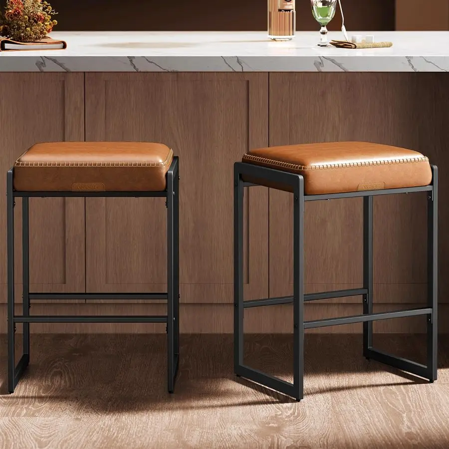 

EKHO Collection Bar Stools Set of 2, Counter Height Bar Stools, Synthetic Leather with Stitching, MidCentury Modern Customizable