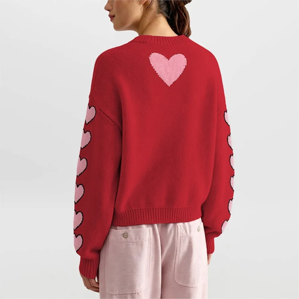 MsChuh Heart Print Crew Neck Sweater Long Sleeve Loose Women's Sweaters And Pullovers Casual Daily Autumn Winter Street Knit Top 4