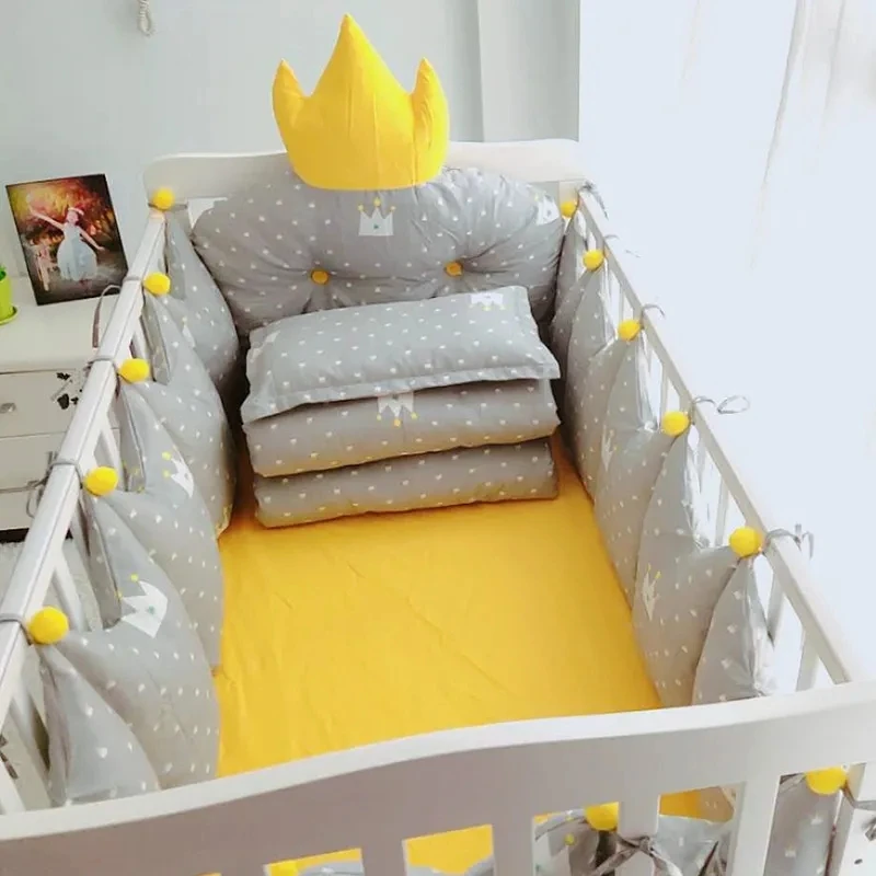 Nordic Style Gray Crown Shaped Bed Head Backrest Cushion Washable Cotton Baby Bedding Set Newborn Thickened Protect Bed Bumper