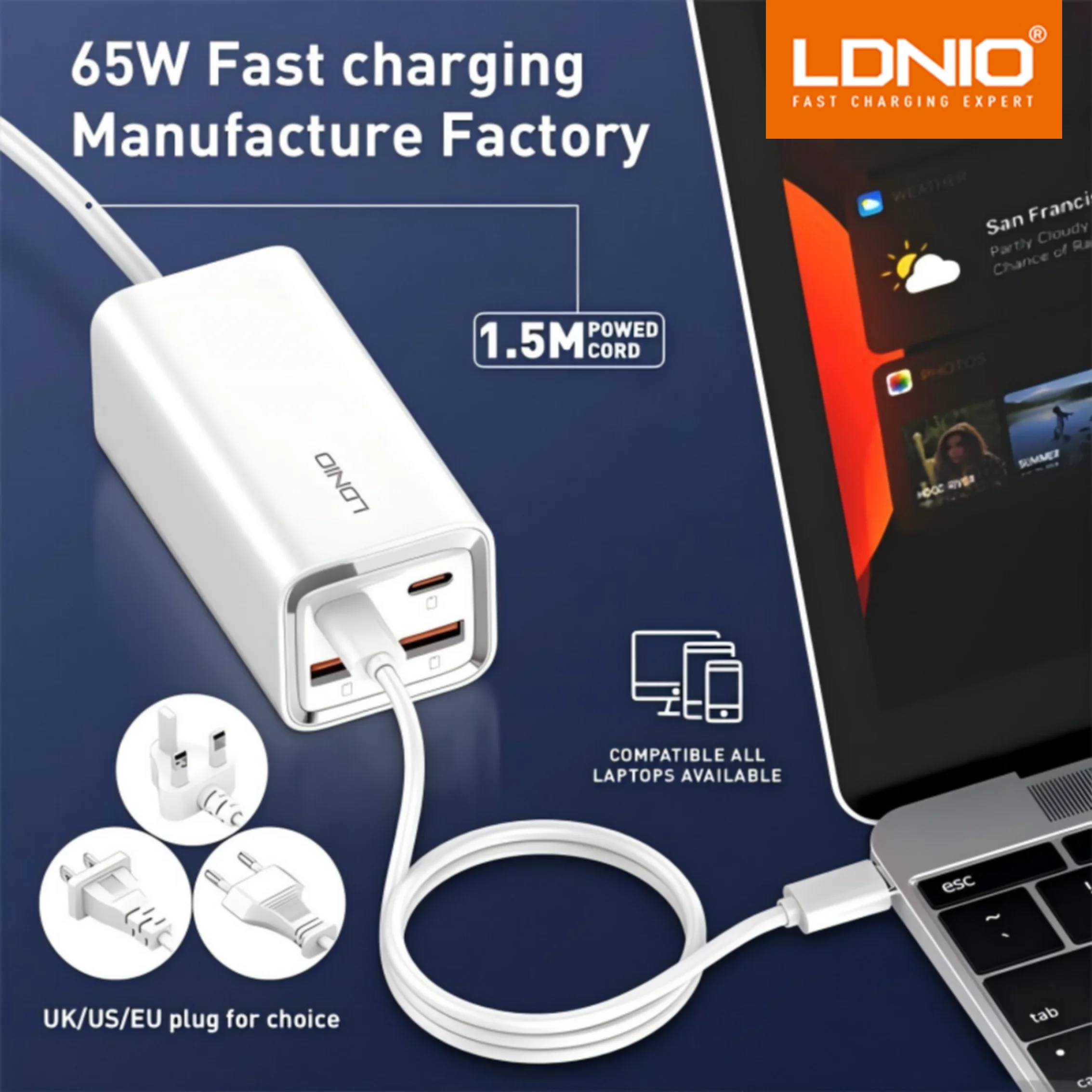 LDNIO 65W GaN USB C Charger Desktop Fast Charger 4 in 1 Laptop Phone Charger Adapter For iPhone 15 14 13 Pro Max Xiaomi Samsung