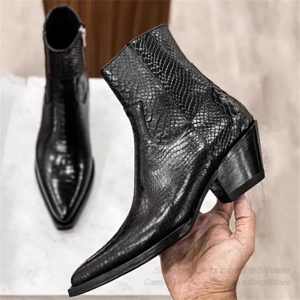 

Men's Short Chelsea Boots Classic Thick Heel Snake Pattern Embossed Leather Comfortable Casual Side Zipper High Top Boot