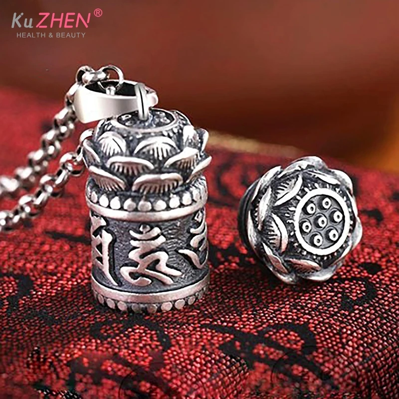 1Pcs Mini  Lotus Pill Case Hollow Copper Plated Lotus Sutra Cylinder Pendant Keychain Handmade Vintage Pill Box Container Bottle