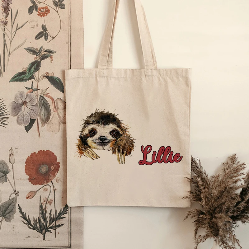 Custom Name Sloth Pattern Canvas Tote Bag Sloth Lover Gift Personalized Reusable Shopping Bag Women Shoulder Bag Handbag Trend