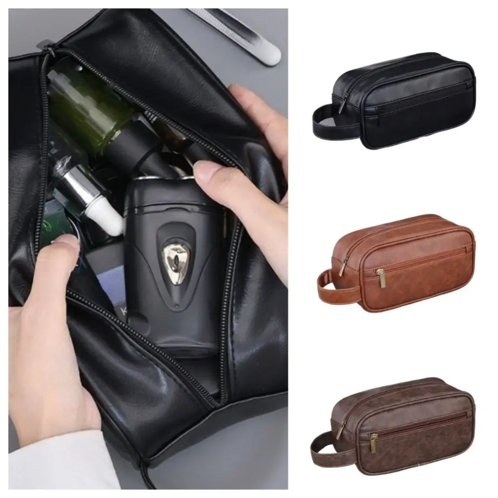 

Fashion Multi Pocket Men Leather Wash Bag Zipper Handheld Cosmetic Storage Bag Waterproof Large Capacity Makeup Pouch Bathroom