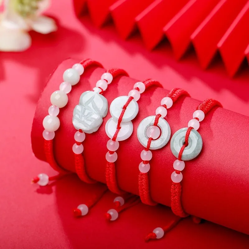 

Zodiac Year, Jade Stone Wealth-Attracting Pixiu Bracelet For Men And Women, Blooming Wealth Red String Peace Buckle HandString