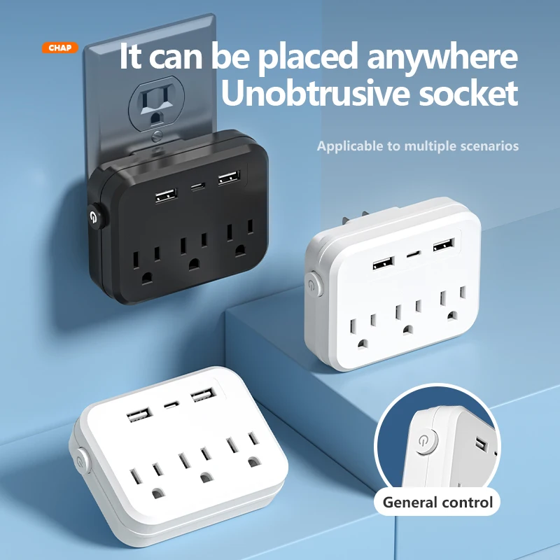 قابس أمريكي مع حماية من زيادة التيار 6 في 1 شريط طاقة صغير محمول متعدد الوظائف 3 منافذ + 2 USB + 1 Type-C أبيض #2