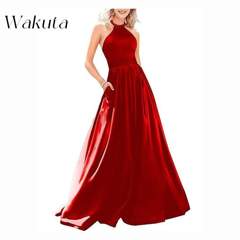 Wakuta American Vintage Neck Strapless Solid Long Evening Robe Sexy Cross Backless Prom Cocktail Banquet Evening Gowns שמלה ערב