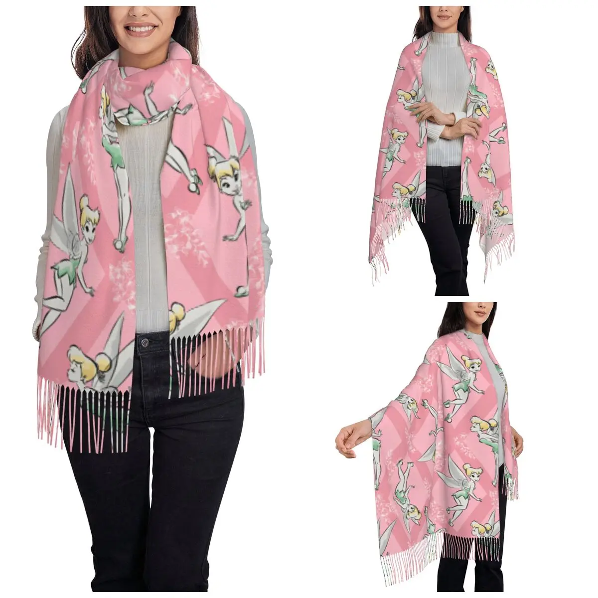 Tinker Bell Fairy Cartoon Scarf for Women Winter Fall Pashmina Shawl Wrap Princess Flower Anime Long Large Shawl Scarf Ladies