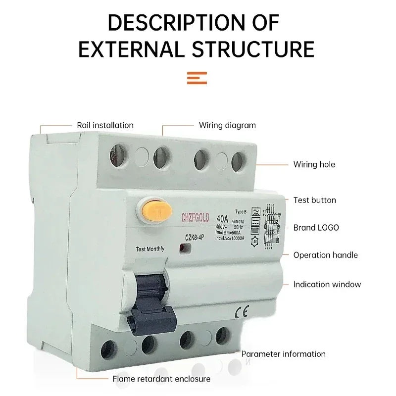 CHZFGOLD RCD RCCB Type B Earth Leakage Residual Circuit Breaker Evse 2P 4P AC 40a 63a 100a 30ma CZK8-100B 10KA Din Rail 220V 4