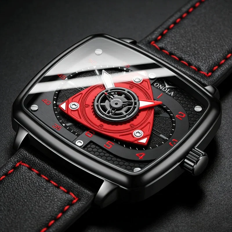 ONOLA Men's Black Red Racing Style Quartz Watch Square Dial Waterproof Leather Strap Night Light Fashion Accessory