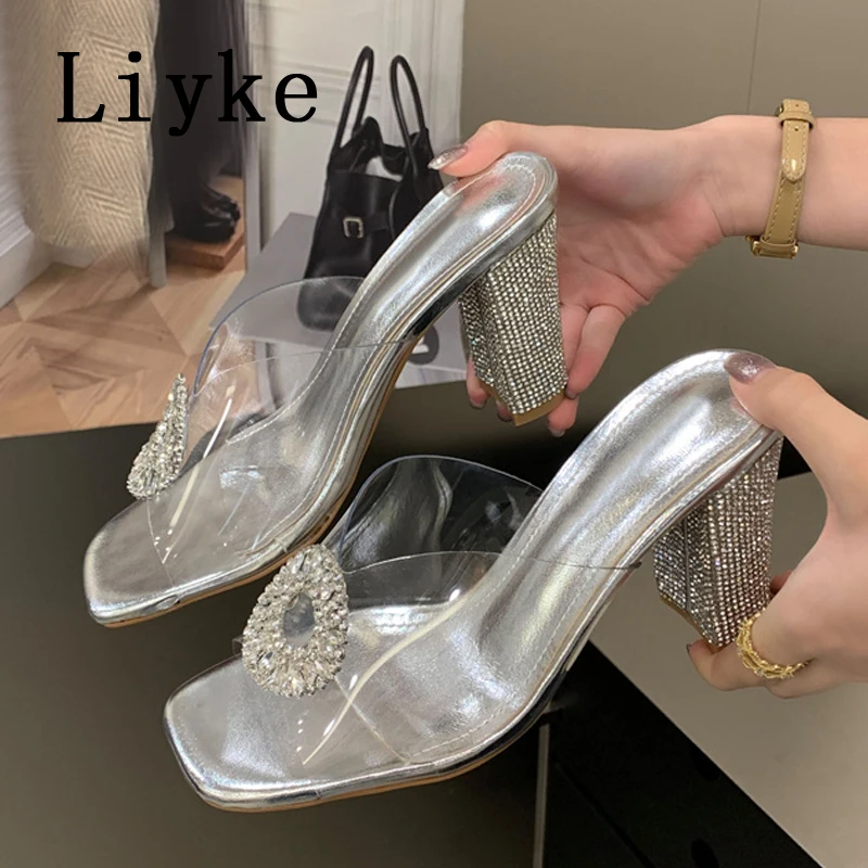 

Liyke Woman Sexy Gold Rhinestone Thick Heeled Transparent Slippers Fashion Crystal Buckle Ladies Party Dress Slides Shoes Sandal