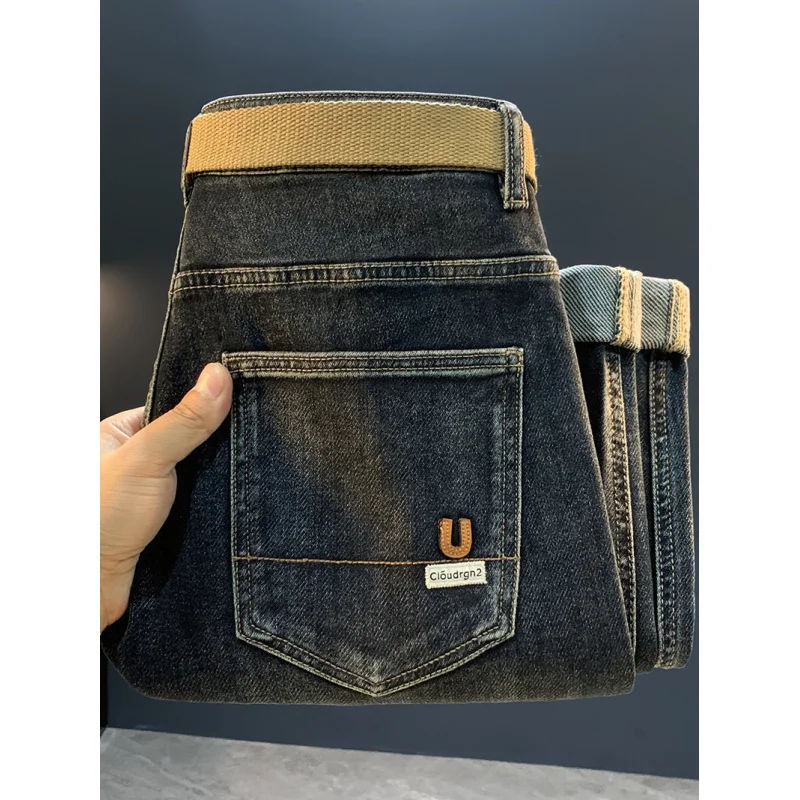 2025年秋のニューアメリカン トレンド カジュアル ブルー ジーンズ メンズ、万能、テーラード、スリム、テーパード スモールレッグパンツ