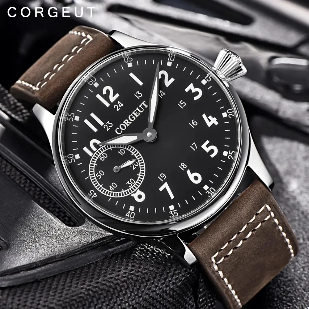 Corgeut 44mm Leather Luminous Mechanical Hand Winding Watch For Men 17 Jewels ST3600 Seagull 6497 Movement Sport Wristwatches