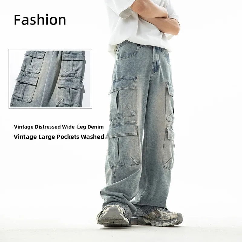 

Men's Y2K Hip Hop Loose Fit Cargo Jeans Baggy Straight Leg Casual Polyester Fiber mid Waist Button Opening Street Sle