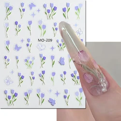 5D Embossed Nail Art Decals White Blue Flowers Leaves Adhesive Sliders Nail Stickers Decorations For Manicures