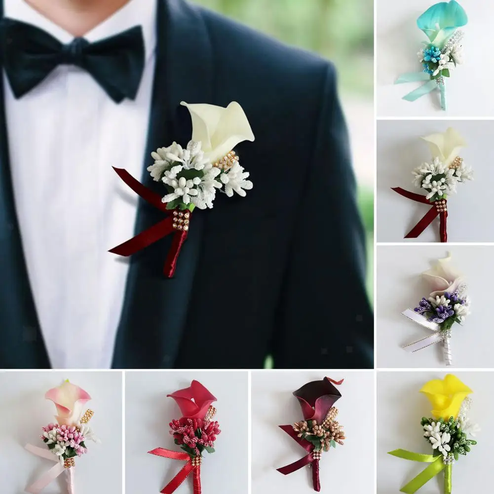 Callalily Brooch Realistic Faux Leather Fake Flower Groom Bride Groomsmen Fake Flower Corsage Lapel Pins Wedding Party