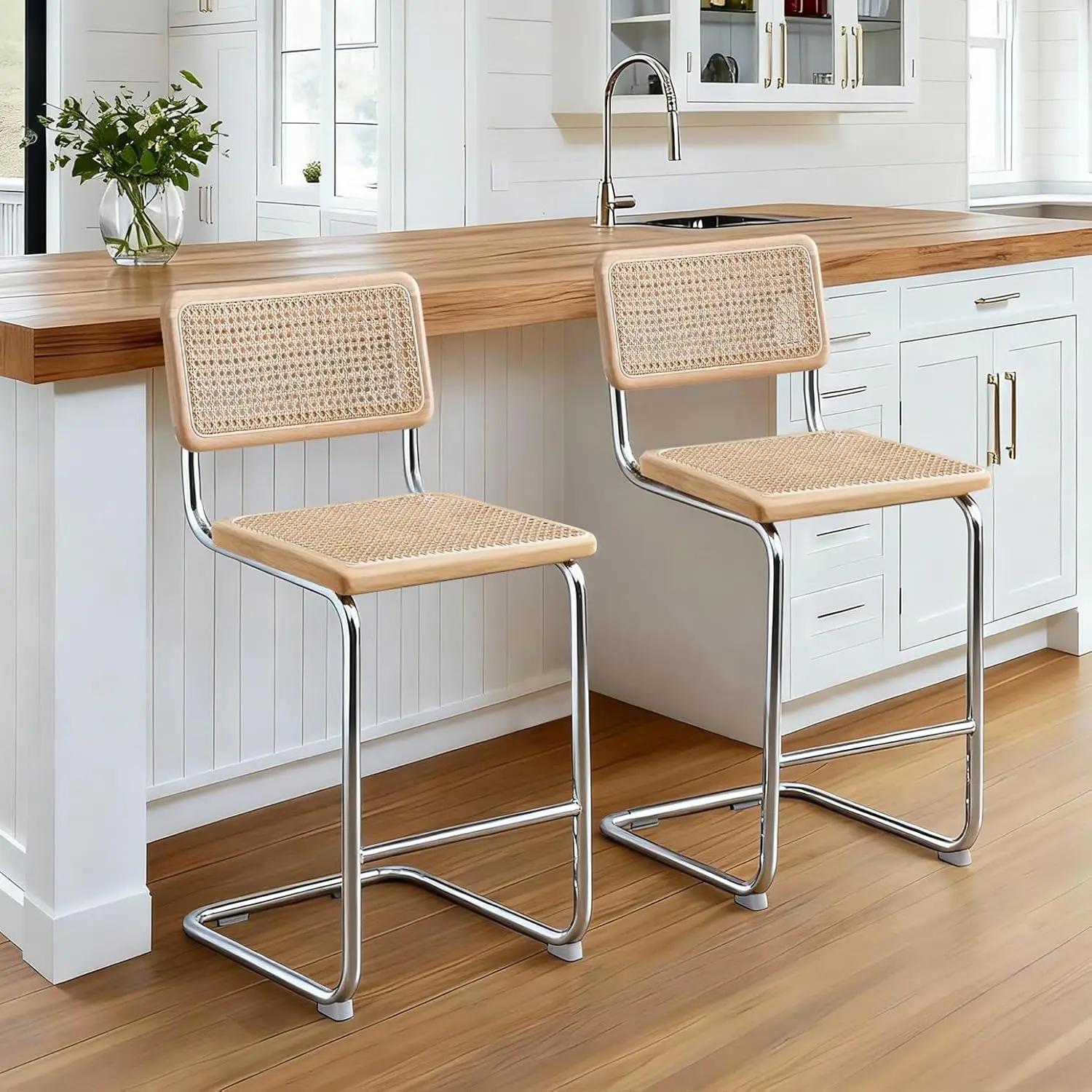 

Natural Rattan Bar Stools Set of 2, 24 Inches Mid Century Modern Counter Height Stools with Wood/Cane Back, Boho Counter Stools