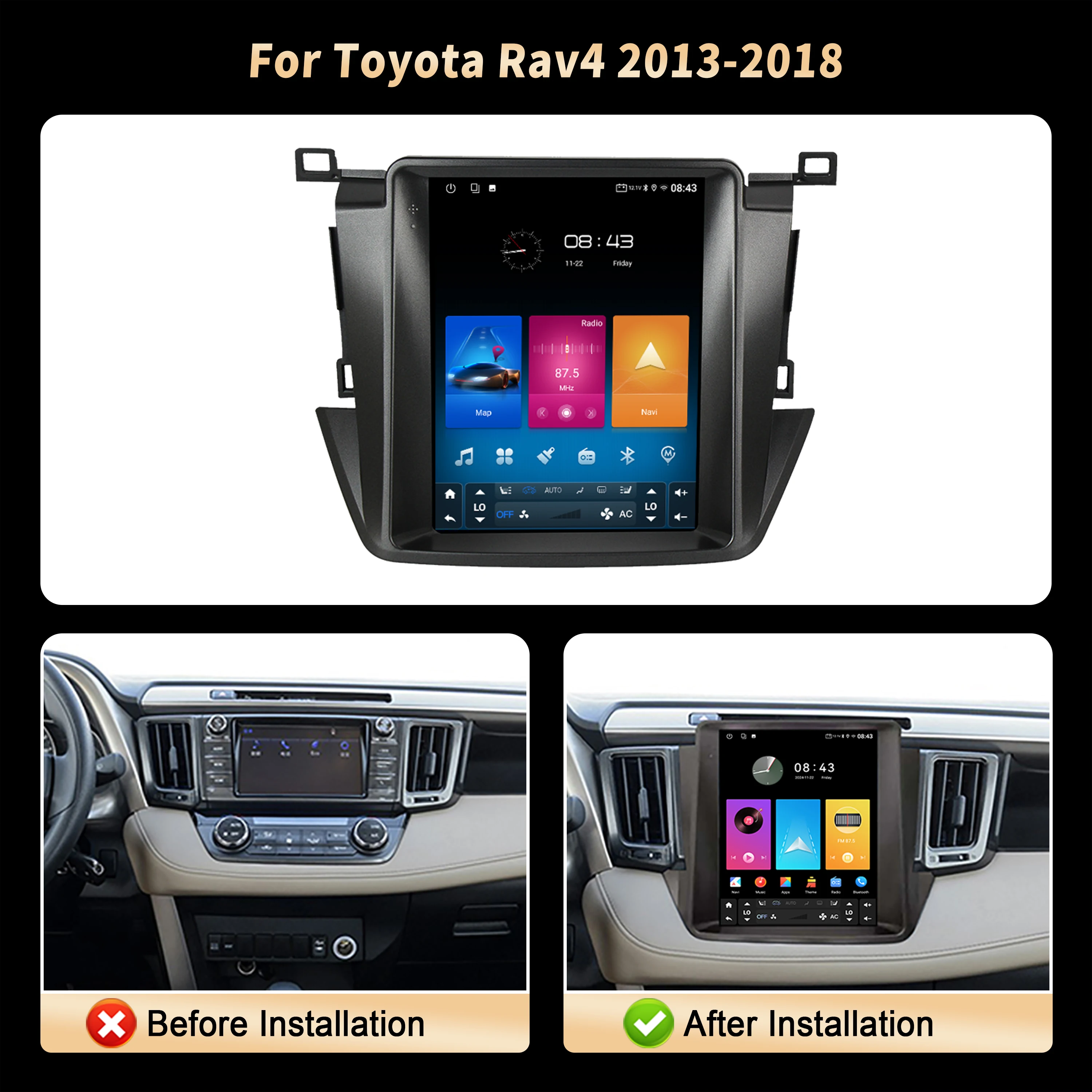 9.7 inch Car Radio Multimedia For Toyota Rav4 2013 2014 2015 2016-2018 Wireless Bluetooth Carplay 4G GPS Head Unit QLED Screen