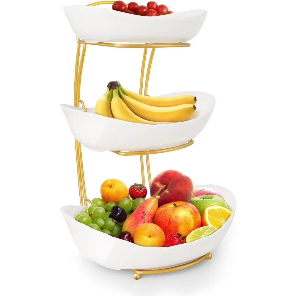 

3 Tier Fruit Bowls for Kitchen Counter, White Ceramic Serving Bowls with Gold Metal Stand, Tiered Fruit Basket Display Rack for